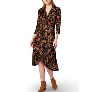 Perceptions Paisley Dress Womens M Asymmetrical Faux Wrap 3/4 Sleeve V-Neck Midi